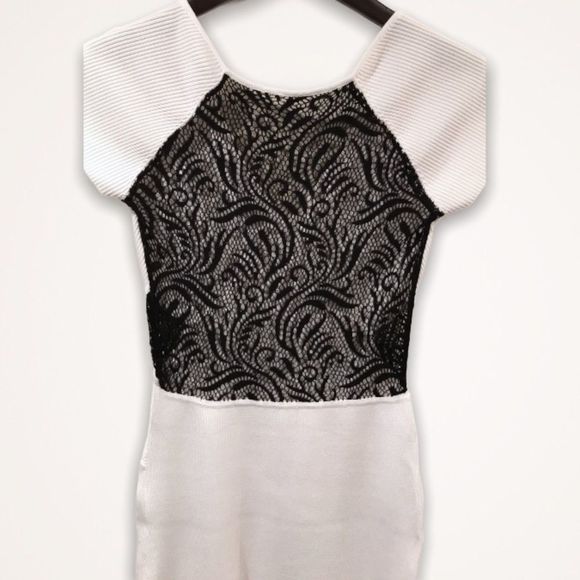 💫4/30 BEBE Ribbed Bandage Lace Panel Dress - Picture 3 of 8